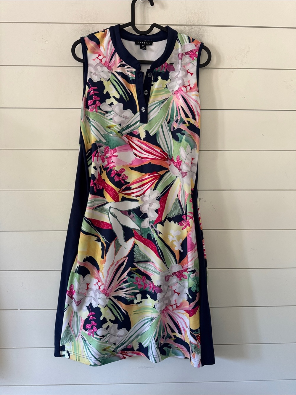 Golf Size S Performance Polo Dress Tropical Print with Navy side panels Tribal